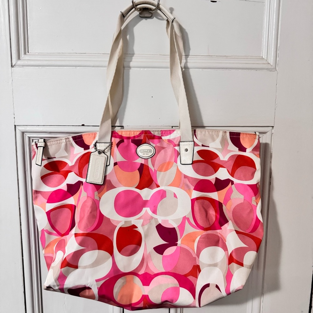 Coach Pink Red & Cream Signature Print Tote